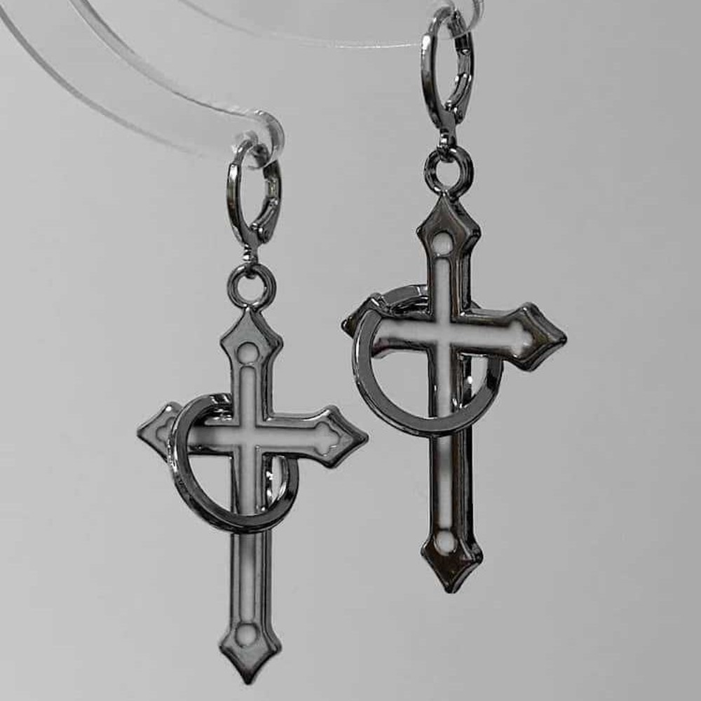 Men Accessories Aesthetic - ต่างหูห่วงวงกลมสีเงินสไตล์ร็อคกอธิคประดับกากบาทสำหรับผู้หญิงผู้ชาย ต่างหูห่วงขนาดใหญ่สไตล์ Y2K เครื่องประดับแนวอัลท์เอสเธติก