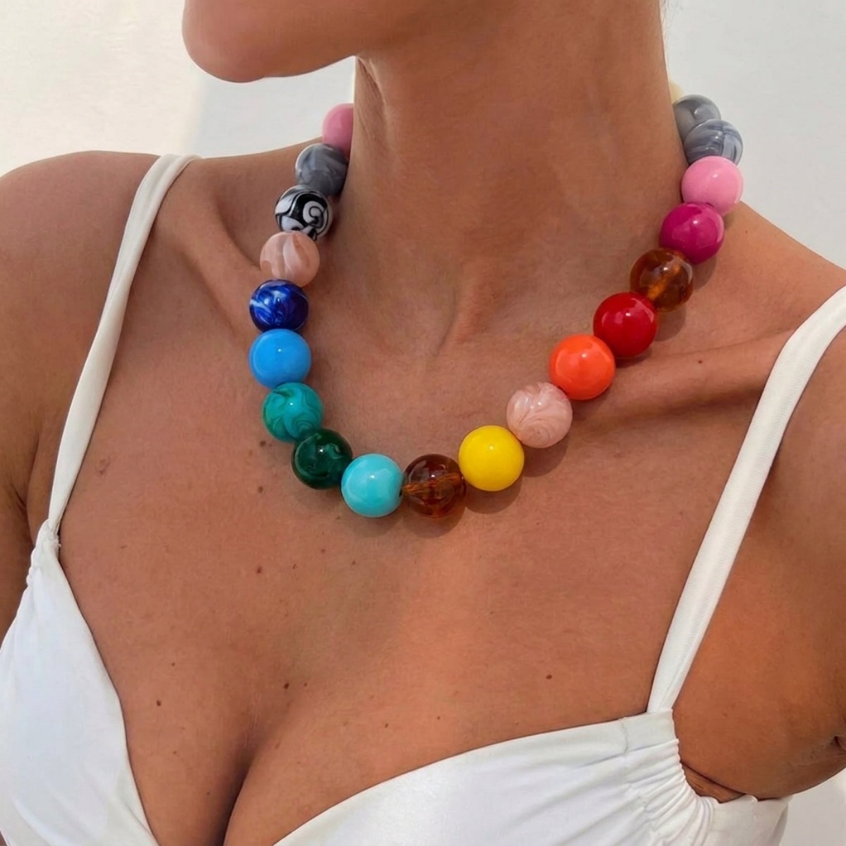 Men Accessories Aesthetic - สร้อยคออะคริลิคหลากสีทรงกลมขนาดใหญ่สำหรับผู้หญิงผู้ชาย สไตล์โบฮีเมียน ลูกปัดเรซิ่นสีน้ำเงินน้ำตาล สร้อยคอแบบโชคเกอร์ สไตล์ Y2K
