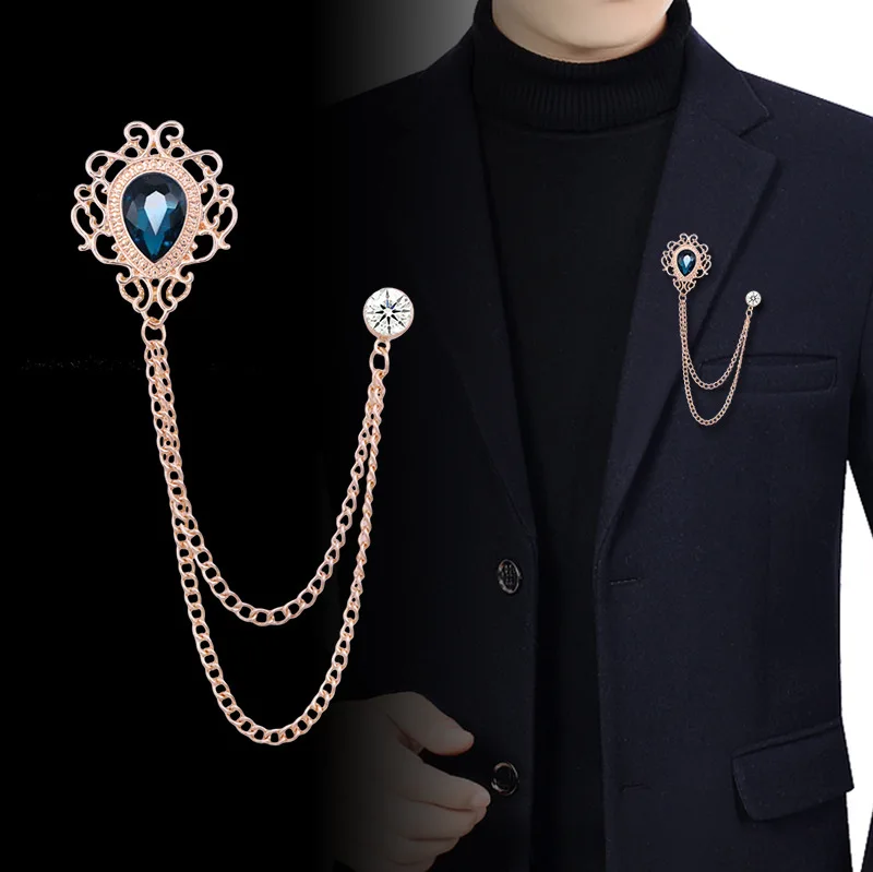 Men Accessories Chain - เข็มกลัดติดปกเสื้อแบบวินเทจประดับพู่ห้อยคริสตัลและเพชรเทียม - เครื่องประดับแฟชั่นสำหรับผู้ชายและผู้หญิง ใช้ได้กับเสื้อสูท เสื้อเชิ้ต และเนคไท