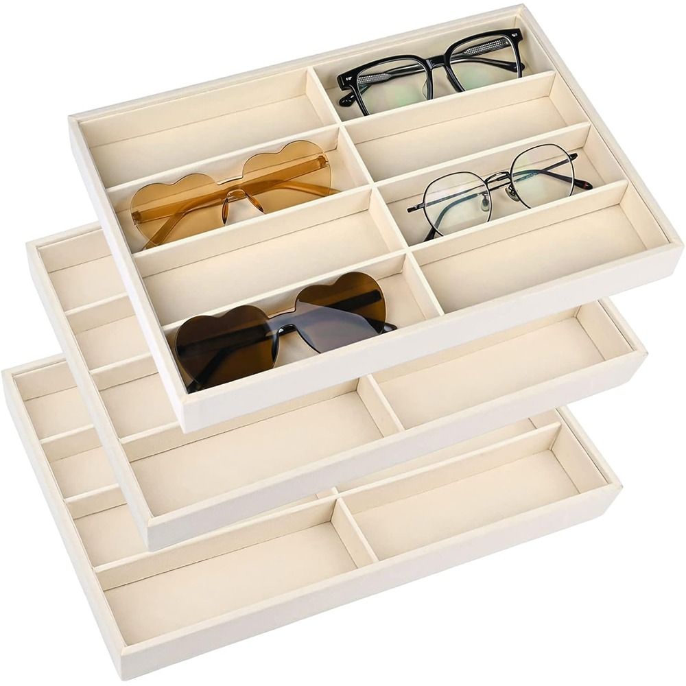Men'S Accessories Organizer Tray - ที่เก็บแว่นตาสีเบจเทา แบบซ้อนกันได้ วัสดุกำมะหยี่ พร้อมแผ่นกั้นภายในที่ถอดออกได้ ถาดโชว์แว่นตาสำหรับผู้ชายและผู้หญิง