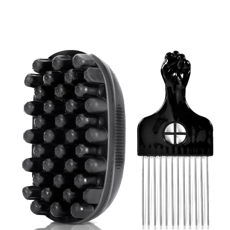 Men Accessories Combo - ชุดจัดแต่งทรงผม 2 ชิ้น แปรงฟองน้ำสำหรับทำลอนผมและหวี Afro Pick